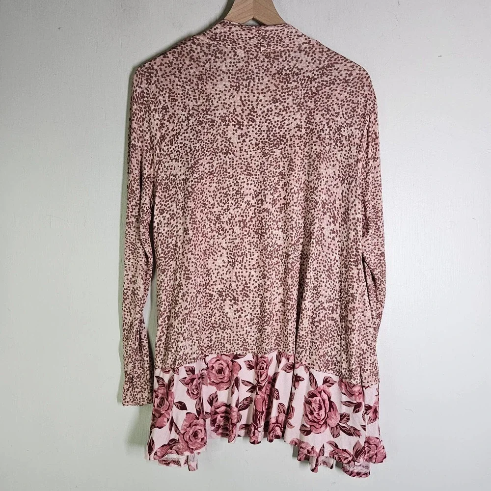 Logo Lori Goldstein Jersey Open Front Cardi Top Ruffles M‎ Rose Pink Floral